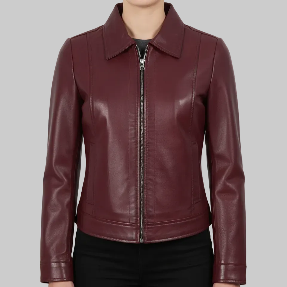 Maroon leather jacket worn by a person on a white background