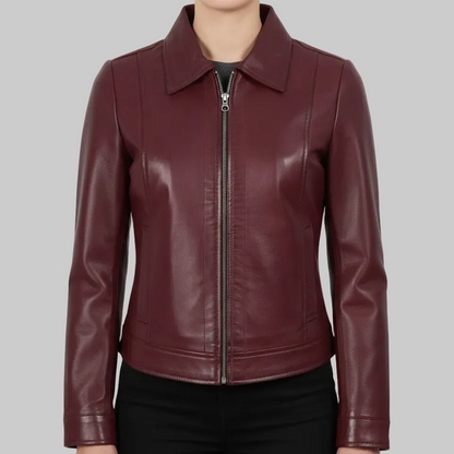 Maroon leather jacket worn by a person on a white background
