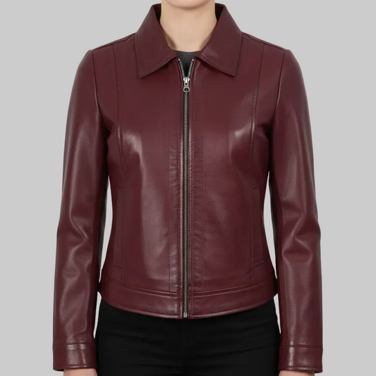 Maroon leather jacket worn by a person on a white background