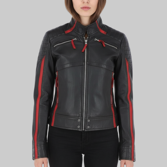 Women’s Red Stripes Black Leather Jacket