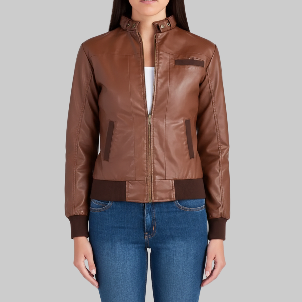 Brown leather jacket worn by a person on a white background