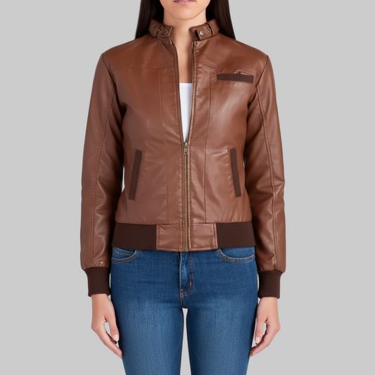 Brown leather jacket worn by a person on a white background