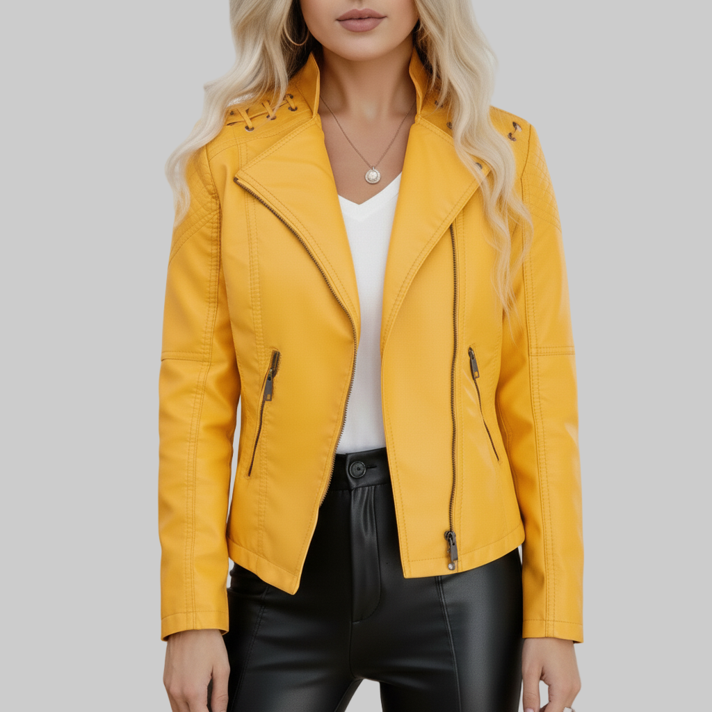 Woman wearing a yellow leather jacket indoors