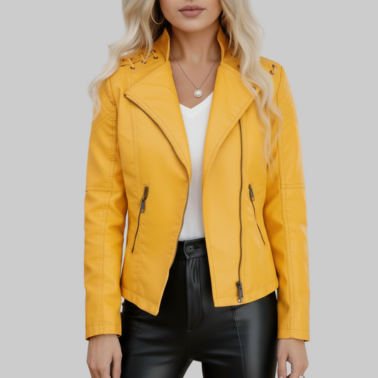 Woman wearing a yellow leather jacket indoors