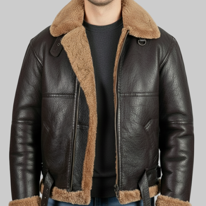 Black leather jacket with brown fur lining worn by a person on a white background