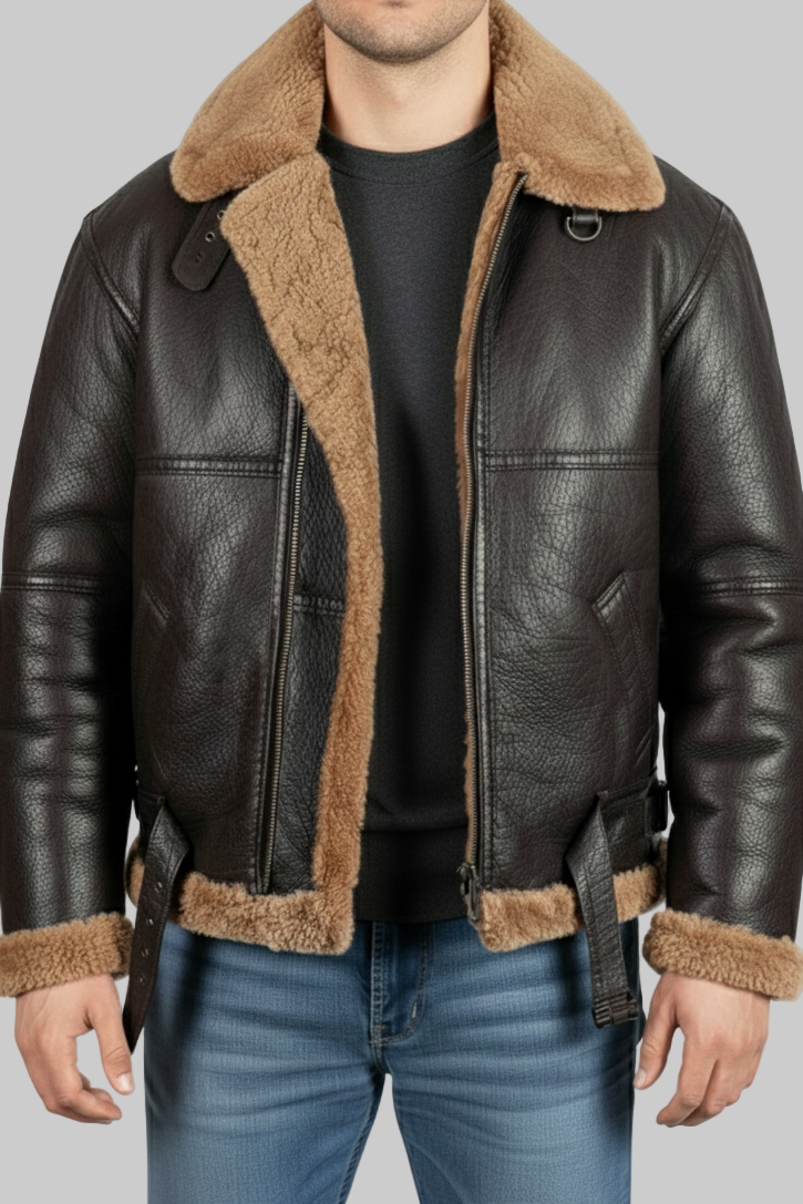 Black leather jacket with brown fur lining worn by a person on a white background