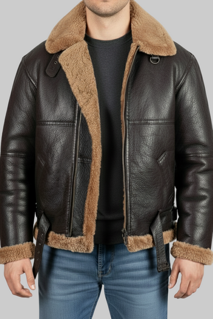 Black leather jacket with brown fur lining worn by a person on a white background