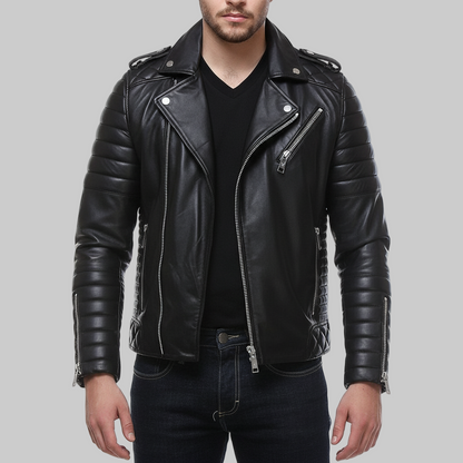 Black leather jacket worn by a person on a white background