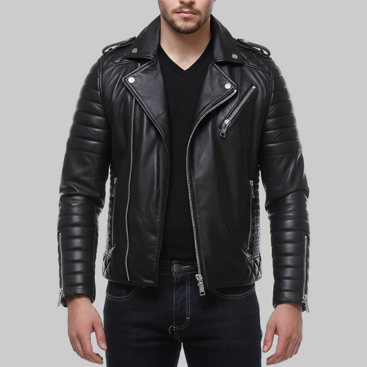 Black leather jacket worn by a person on a white background