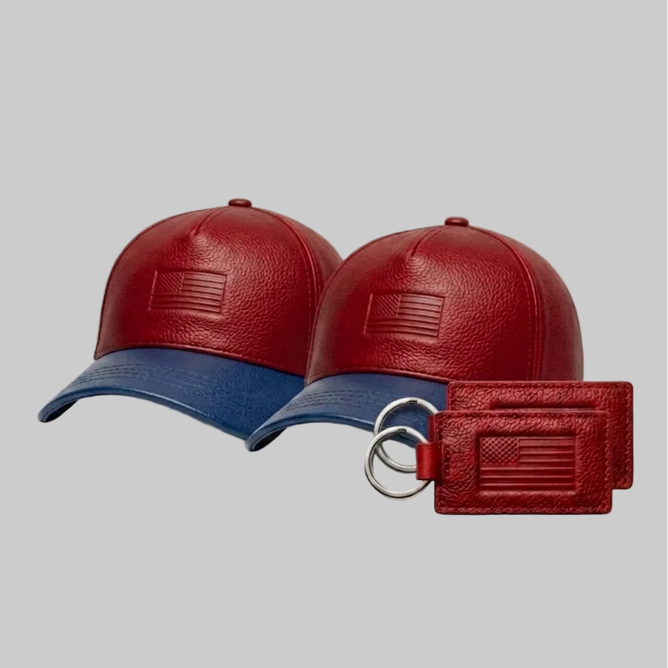 Red and blue leather cap with matching keychain and cardholder on a white background