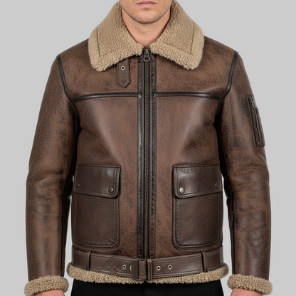 Brown leather jacket with shearling collar and cuffs on a white background