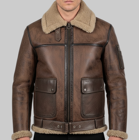 Brown leather jacket with shearling collar and cuffs on a white background