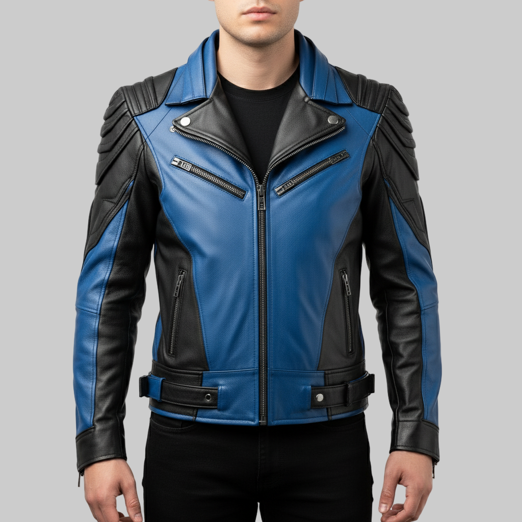 Blue and black leather jacket on a white background