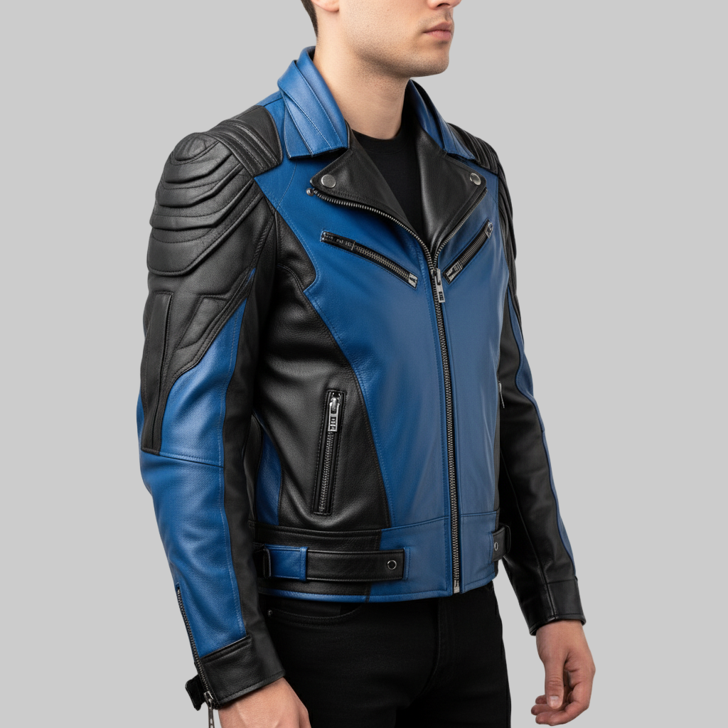 Blue and black leather jacket worn by a person on a white background