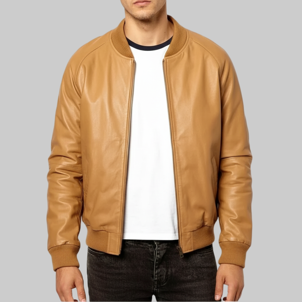 Tan leather jacket worn by a person on a white background