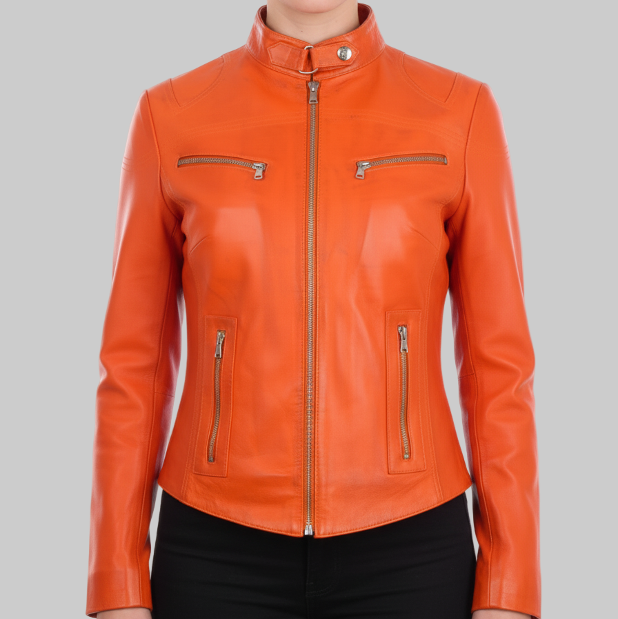 Orange leather jacket worn by a person on a white background