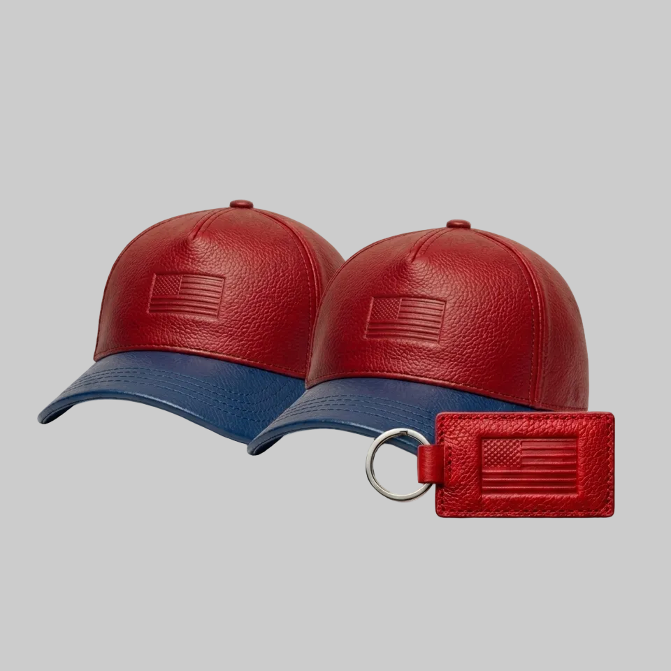 Red and blue leather cap with a matching keychain on a white background