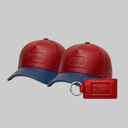 Red and blue leather cap with a matching keychain on a white background