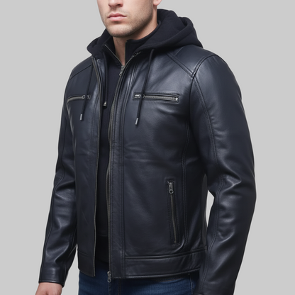 Black leather jacket with a hood on a white background