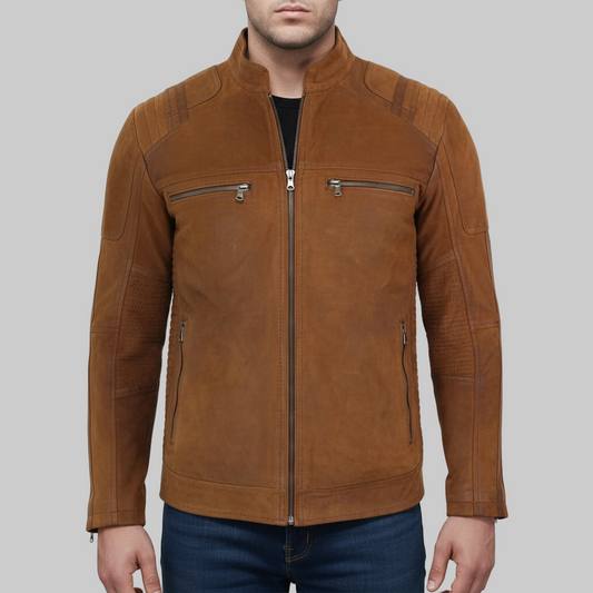 Brown leather jacket worn by a person on a white background