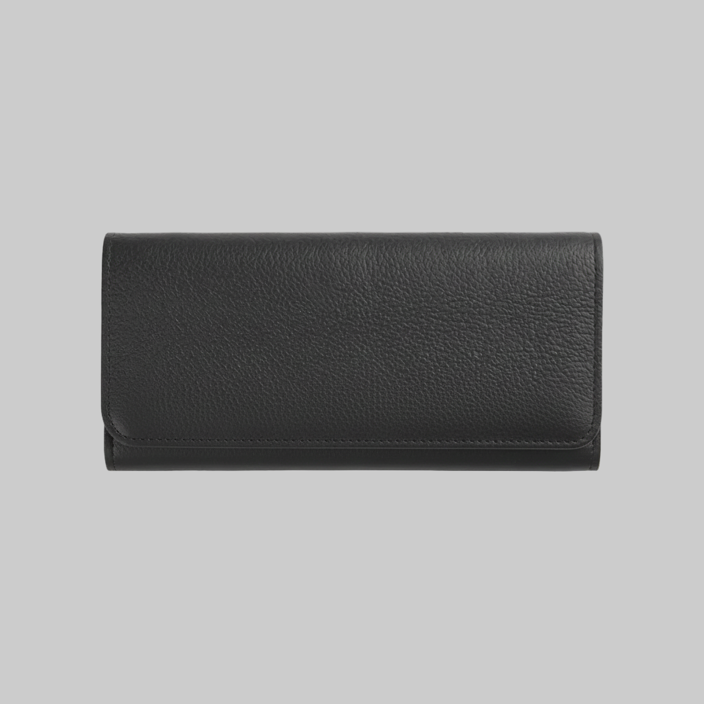 Black leather wallet on a light gray background