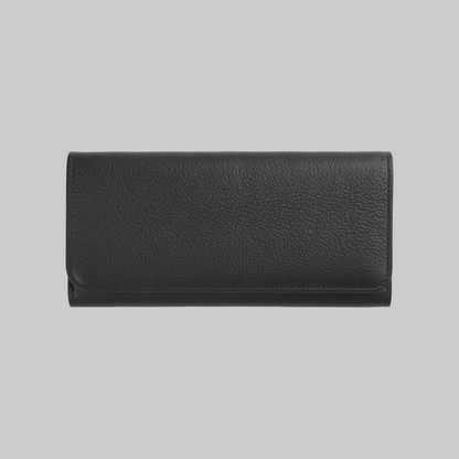 Black leather wallet on a light gray background