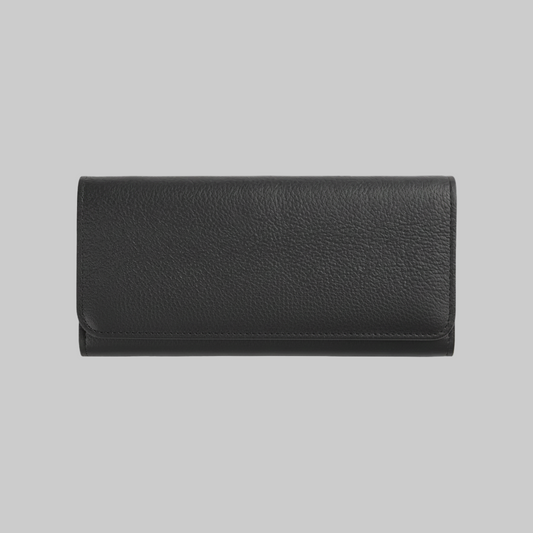 Black leather wallet on a light gray background