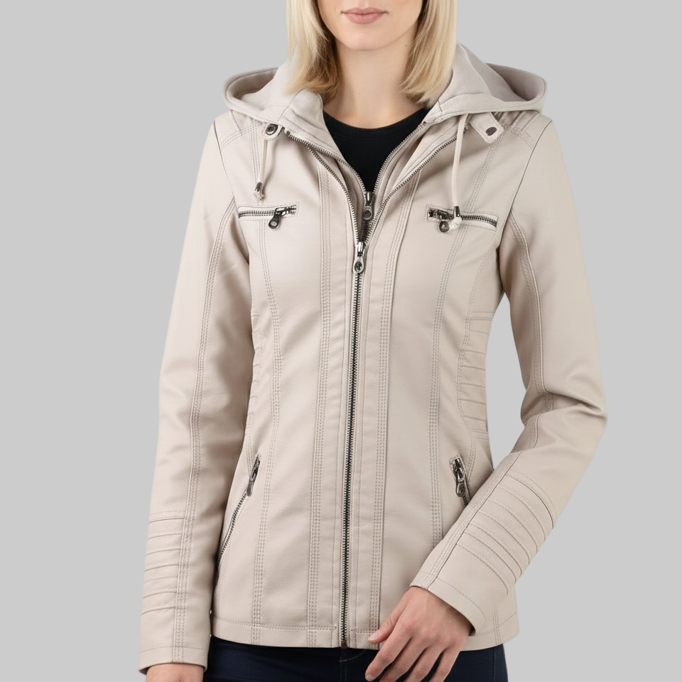 Beige jacket with a hood worn by a person on a white background