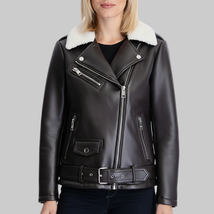 Black leather jacket with white fur collar worn by a person on a light gray background