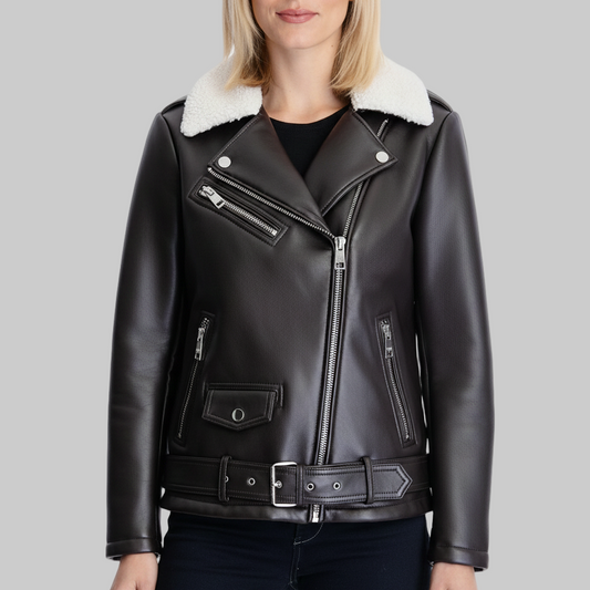 Black leather jacket with white fur collar worn by a person on a light gray background