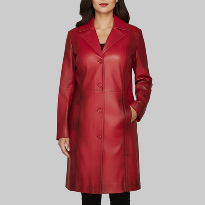 Red leather coat worn by a model on a gray background