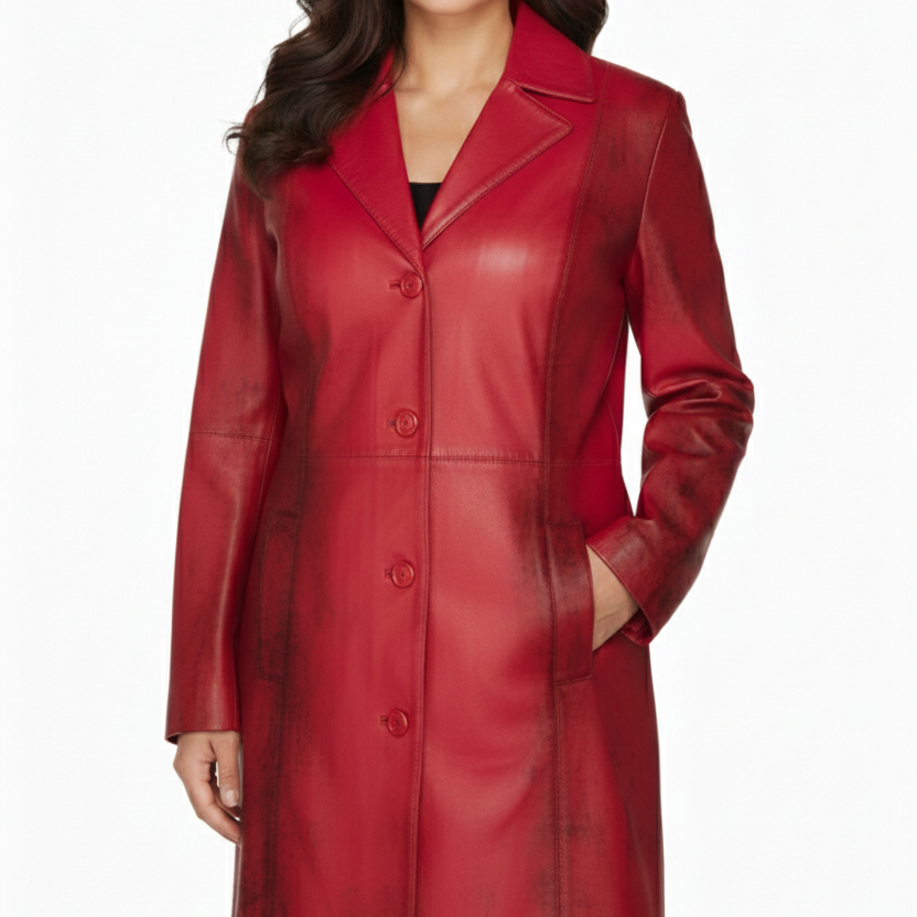 Woman wearing a red leather coat on a white background