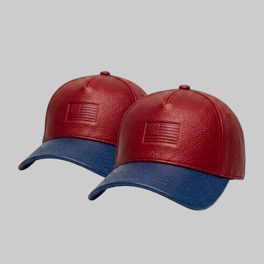 Two red and blue baseball caps with American flag design on a white background