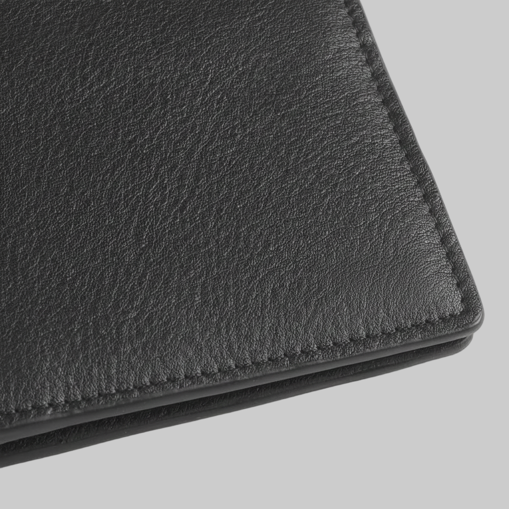 Close-up of a black leather wallet on a white background