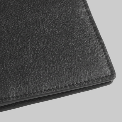 Close-up of a black leather wallet on a white background