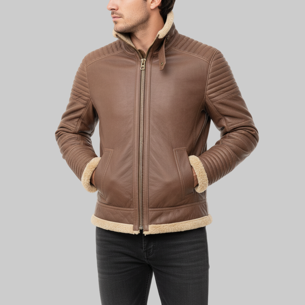 Brown leather jacket with fur trim on a white background