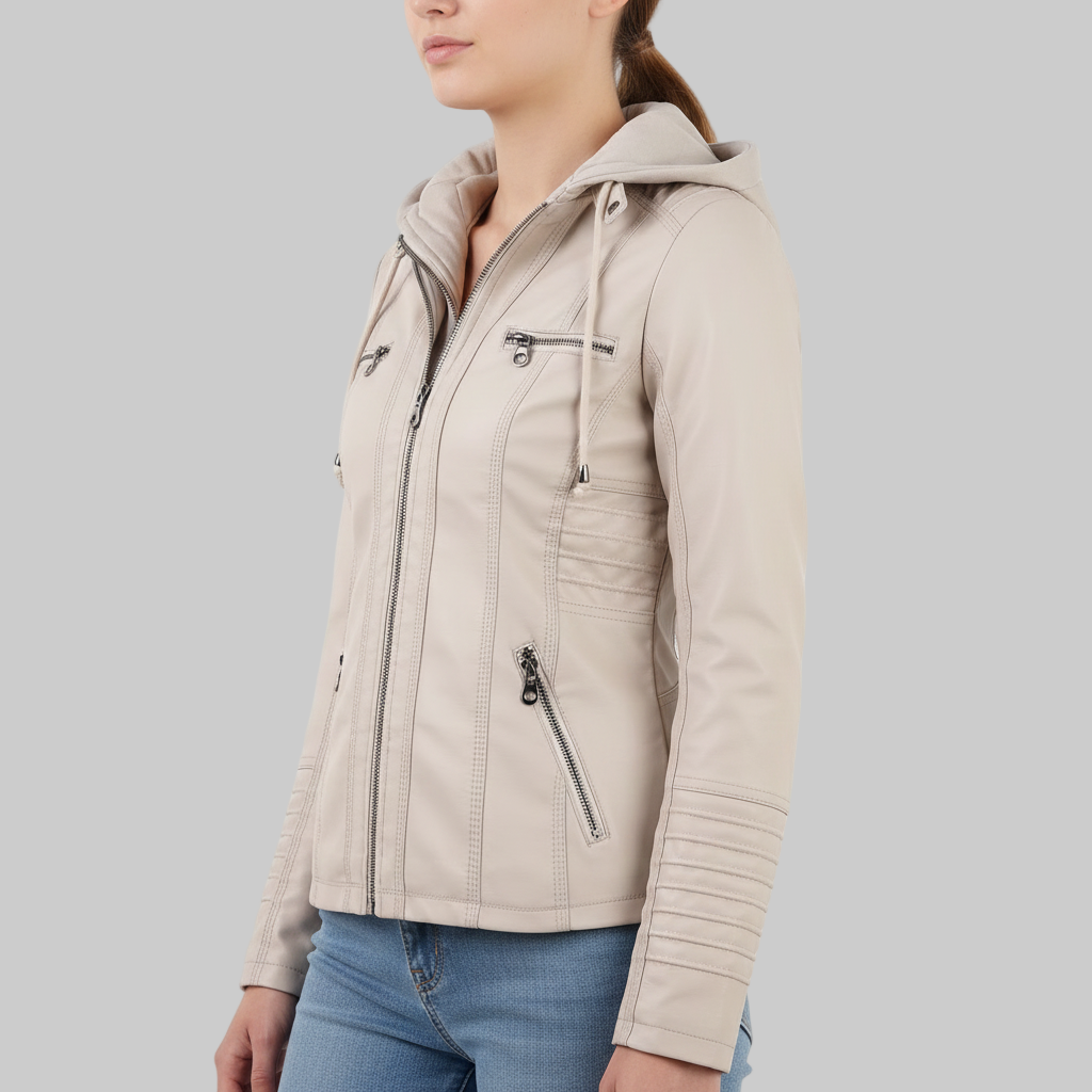 Beige leather jacket with a hood on a white background