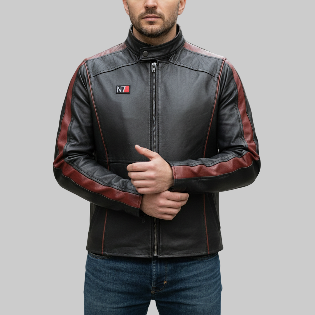 Man wearing a black and red leather jacket with a logo on a blurred street background