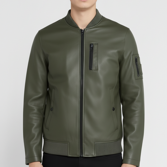 Man wearing a green leather jacket on a white background