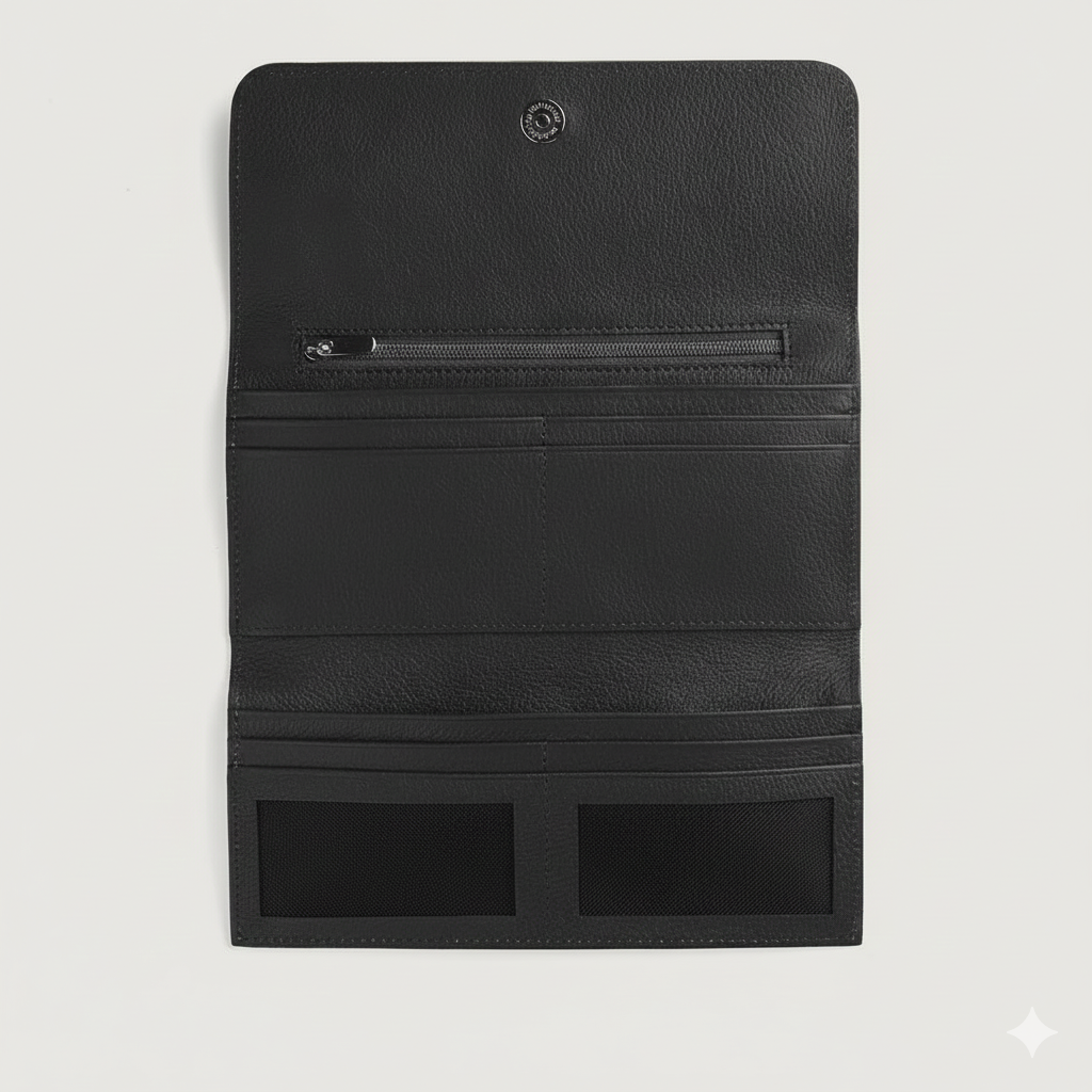 Black leather wallet with zipper on a light gray background