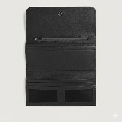 Black leather wallet with zipper on a light gray background