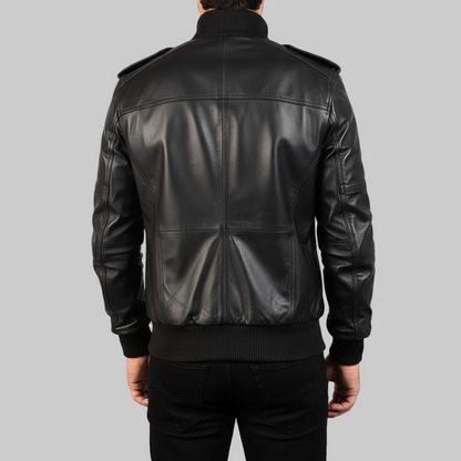 Black leather jacket worn by a person on a white background