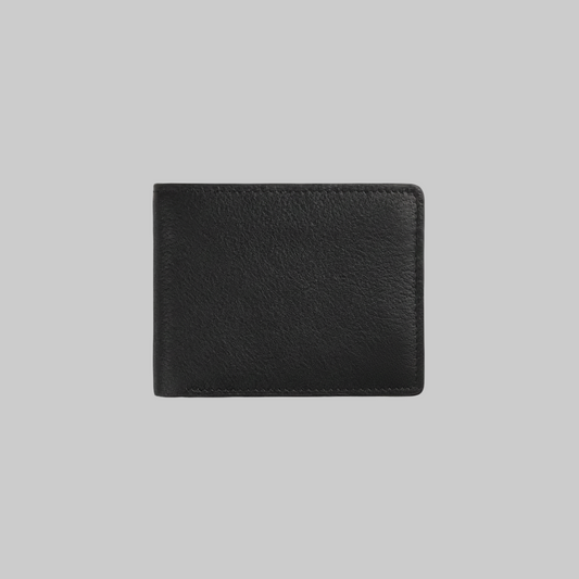 Black leather wallet on a light gray background