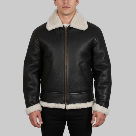 Black leather jacket with white fur trim on a white background