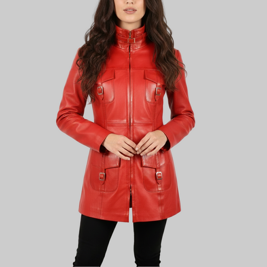 Red leather jacket worn by a model on a white background