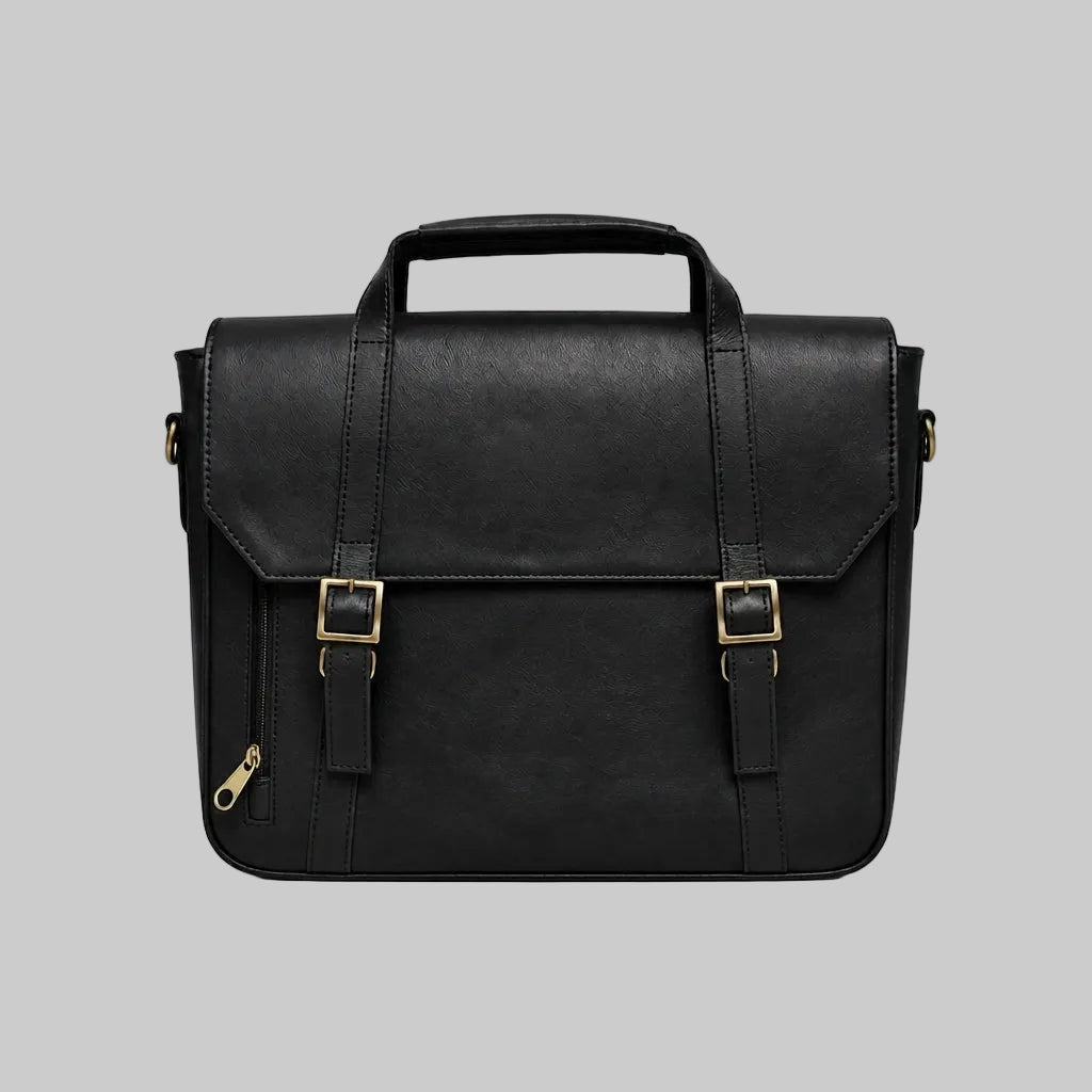 Black leather briefcase with gold buckles on a white background