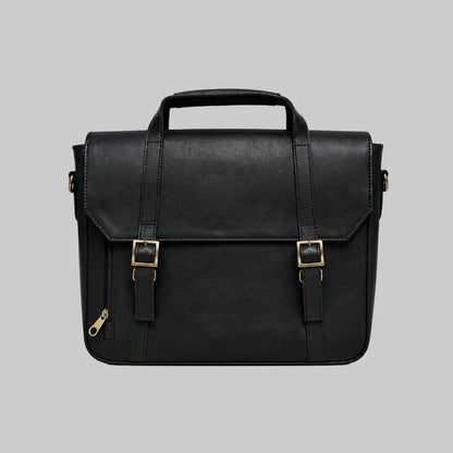 Black leather briefcase with gold buckles on a white background