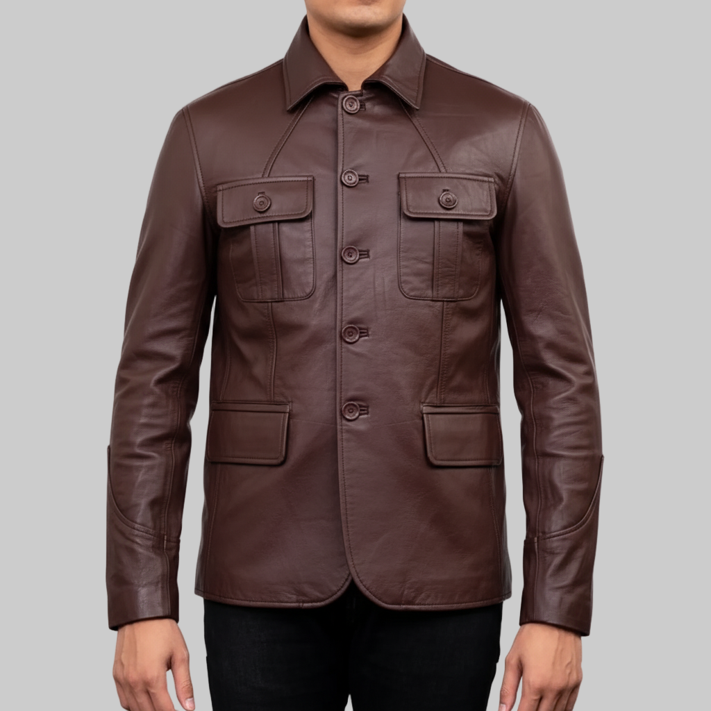 Brown leather jacket on a white background