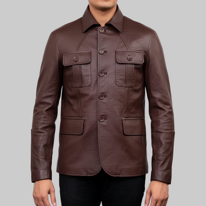 Brown leather jacket on a white background