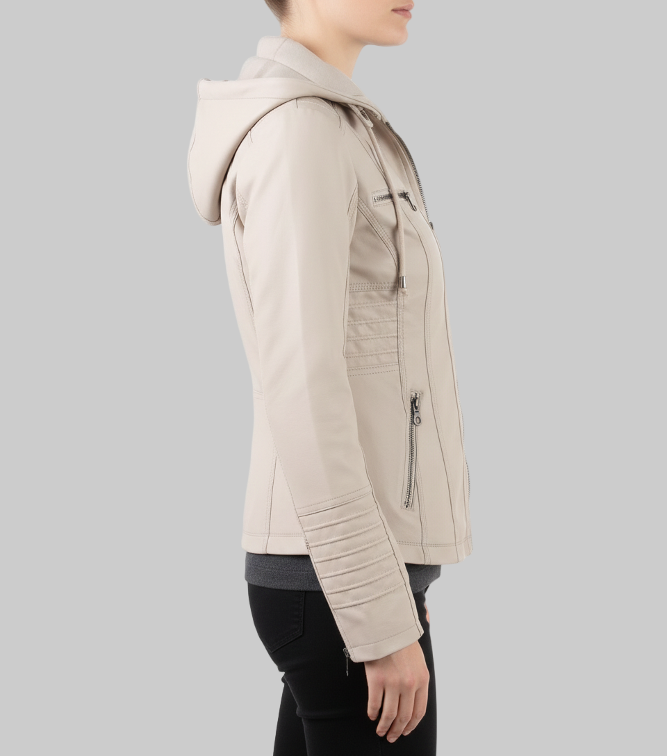 Beige hooded jacket worn by a person on a white background